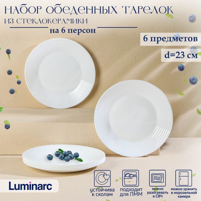 Тарелки Luminarc HARENA ASEAN, d=23 см, обеденные, стеклокерамика, набор 6 шт, белые